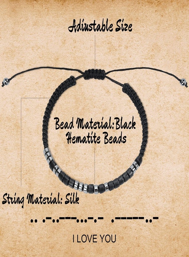 KDQUEERY 2 PCS Morse Code Bracelets for Women Men, I Love You String Adjustable Matching Bracelets Gifts for Couples Mom Daughter Best Friend Inspirational bracelets with Black Hematite Beads - Image 2